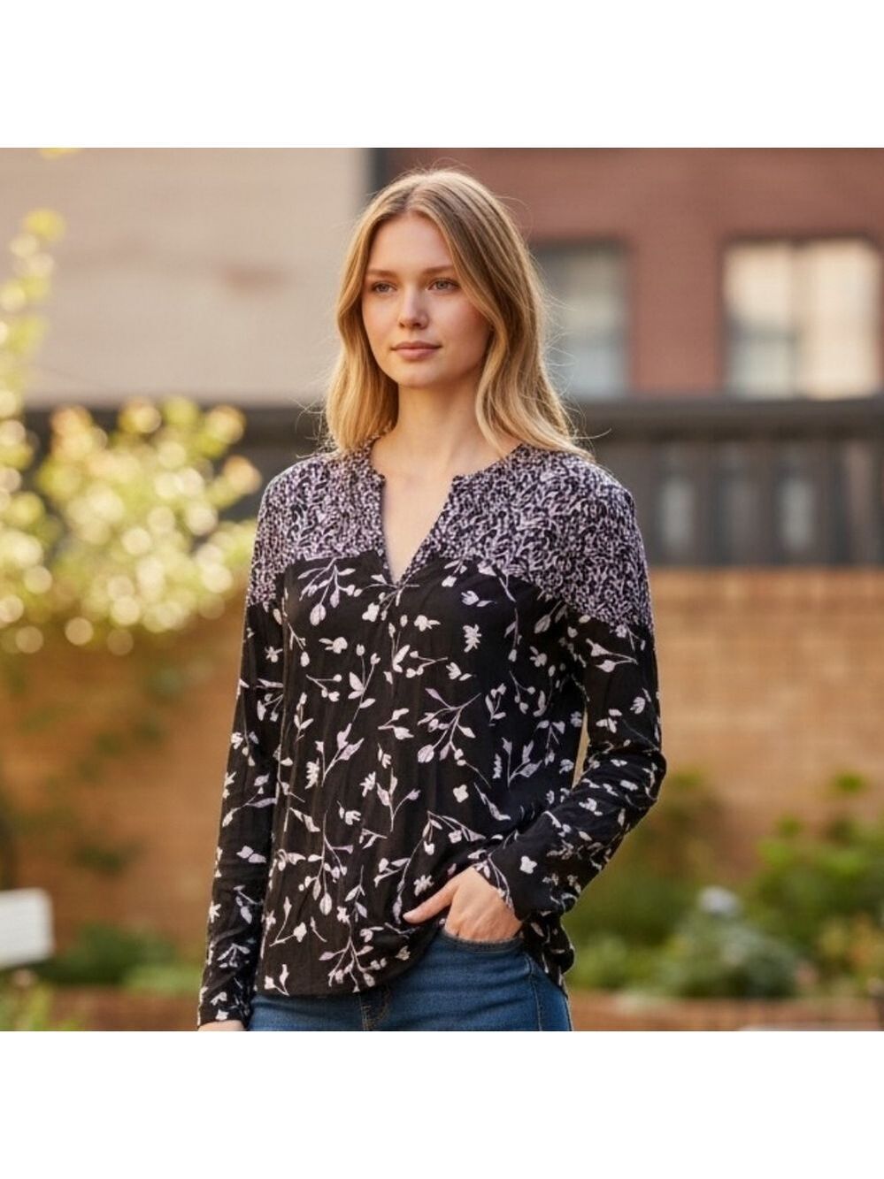 Lucky Brand Black White Floral Blouse Large #BL22